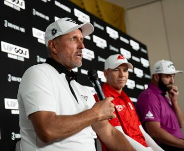 Stars (from left) Phil Mickelson, Sergio Garcia, and Jon Rahm speak at a press conference Wednesday before the start of this weekend's LIV Golf Miami at Trump National Doral in Miami, Fla.