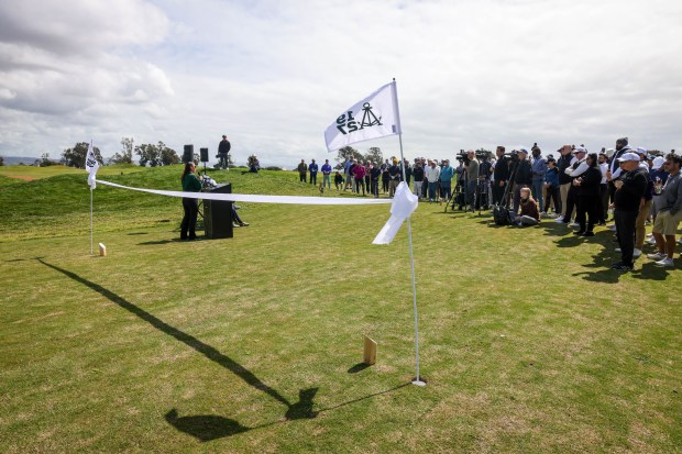 Golfers attend the North Course unveiling ceremony at Corica Park...