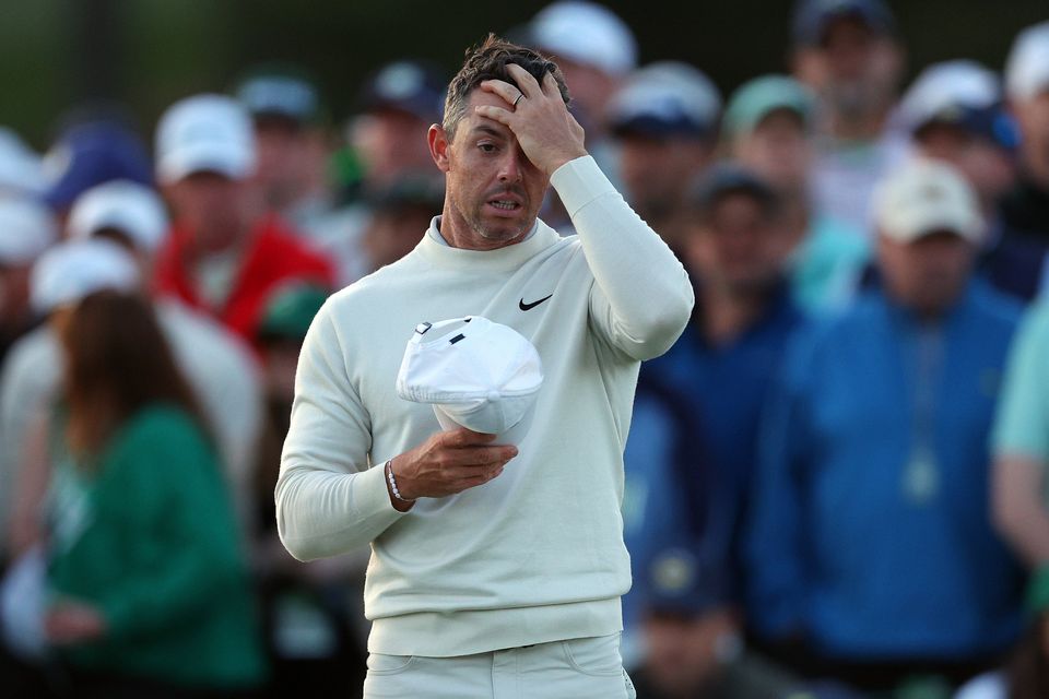 Rory McIlroy reacts on the 18th green during the second round of the 2024 Masters at Augusta National. Photo: Andrew Redington/Getty Images