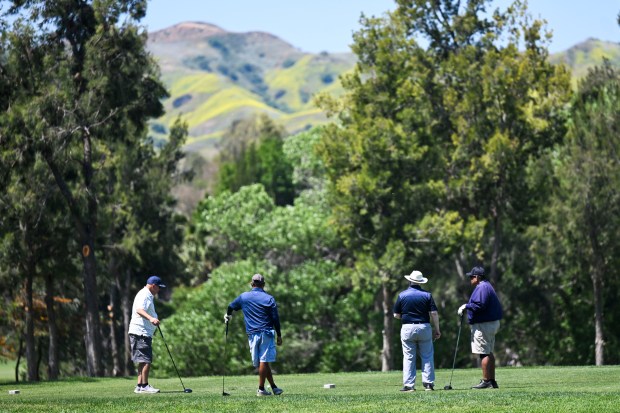 A group of golfers stand on the El Prado Golf...