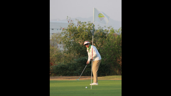 Player in action during the Panchkula Golf League being held at Panchkula Golf Club on Sunday. (HT Photo)