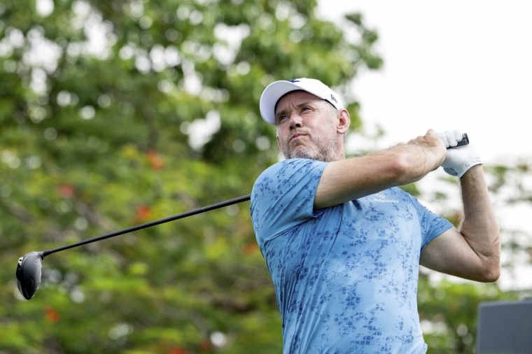 Co-Captain Lee Westwood of Majesticks GC hits his shot from the 18th tee during the first round of LIV Golf Singapore at Sentosa Golf Club on Friday, March 14, 2025 in Sentosa, Singapore. (Photo by Charles Laberge/LIV Golf via AP)