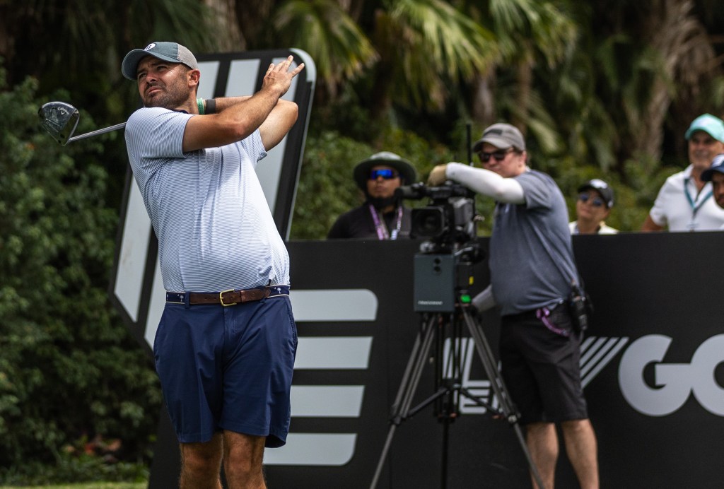 Wesley Bryan hits a tee shot during the LIV Golf-backed event called "The Duels: Miami" on April 3, 2025.