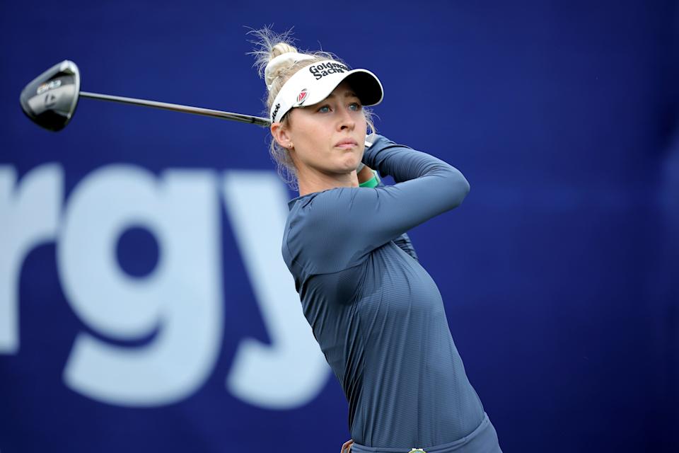 Nelly Korda hits a tee shot at the first hole during the first round of the 2025 Chevron Championship.