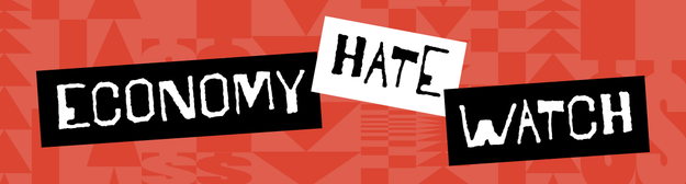 The image displays the text "Economy Hate Watch" in bold, stylized fonts against a patterned background