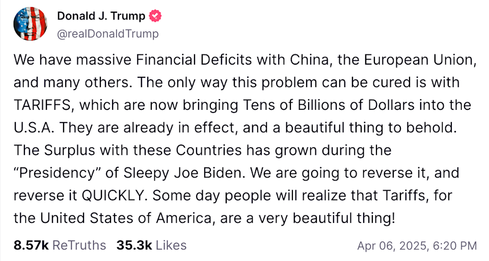 Summary of a social media post discussing financial deficits with China, the EU, and others. It advocates for tariffs and criticizes President Biden