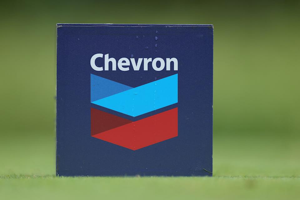 A detailed view of a tee box marker during the first round of the 2025 Chevron Championship at The Club at Carlton Woods in The Woodlands, Texas.