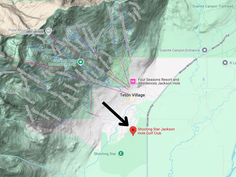 A map of Teton Village with an arrow pointing to Shooting Star Jackson Hole Golf Club