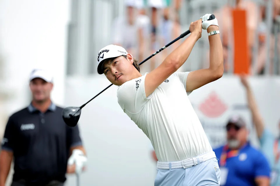 Min Woo Lee of Australia hits a tee shot at the Houston Open.Erik Williams-Imagn Images
