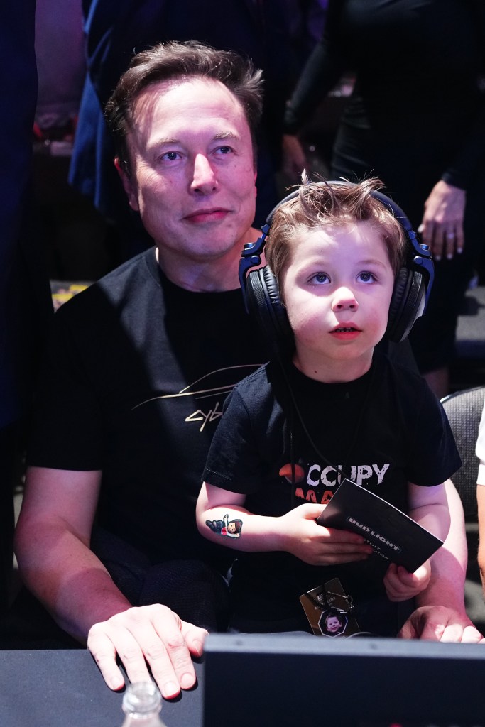 Elon Musk and his son X Æ A-Xii attending UFC 314 event in Miami, Florida