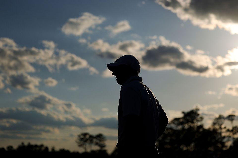 Rory McIlroy of Ireland looks on from the 18th hole during the third round of the 2025 Masters Tournament at Augusta National Golf Club. (Photo by Andrew Redington/Getty Images)
