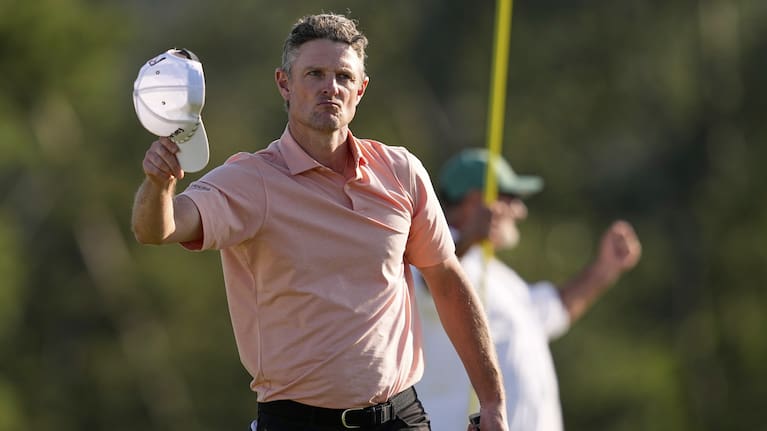 Justin Rose celebrates after a birdie on the 18th hole during the final round at the Masters golf tournament, Sunday, April 13, 2025, in Augusta, Ga.