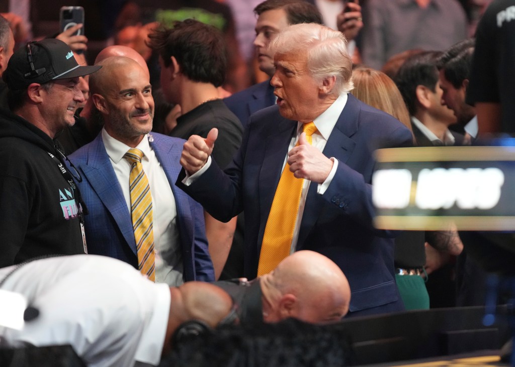 President Donald Trump giving a thumbs up at a UFC 314 event in Miami on April 12, 2025
