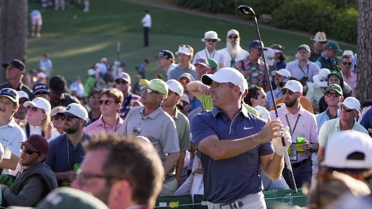 Rory McIlroy, of Northern Ireland, watches his tee shot on the 17th hole during the final round at the Masters golf tournament, Sunday, April 13, 2025, in Augusta, Ga.