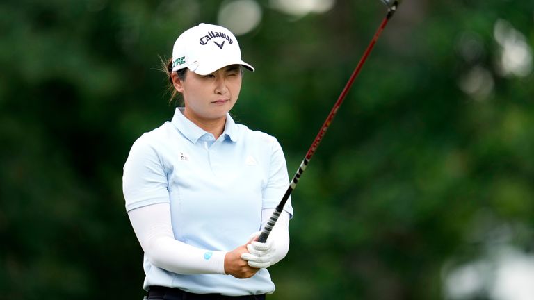 Yan Liu, of China, prepares to hit on the sixth hole during the second round of the Chevron Championship LPGA golf tournament Friday, April 25, 2025, in The Woodlands, Texas. (AP Photo/Ashley Landis)