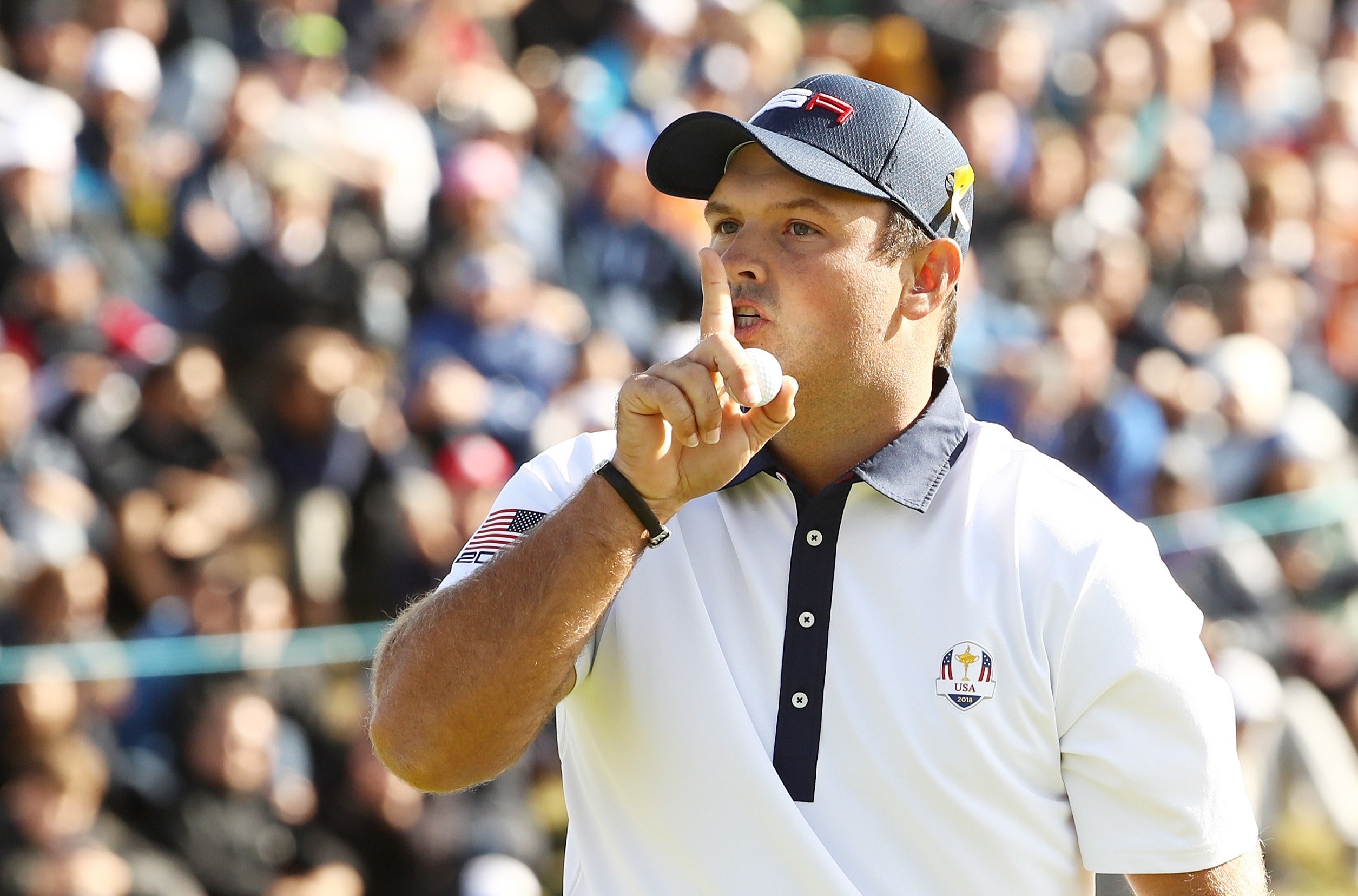 Patrick Reed of the US reacting during the 2018 Ryder Cup.