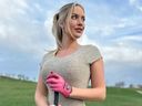 Paige Spiranac poses in a bodysuit while hitting the driving range.