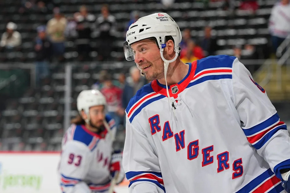 J.T. Miller of the Rangers skates during warm-ups before the game against the New Jersey Devils at Prudential Center on April 5, 2025 NHLI via Getty Images