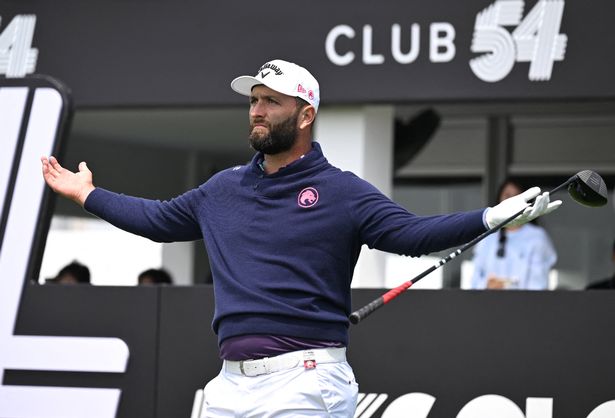 Spain's Jon Rahm of Legion XIII reacts after a shot at the 10th tee during the first round of the LIV Golf Korea at Jack Nicklaus Golf Club in Incheon