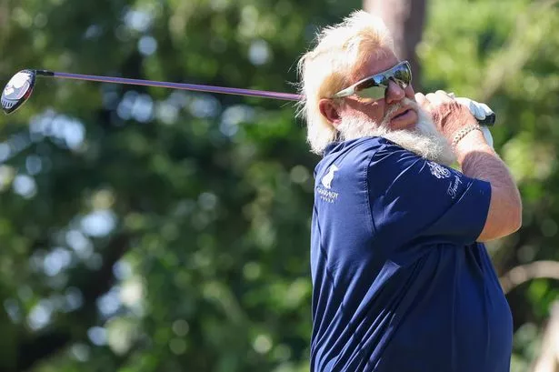 John Daly watches his tee shot on 11during the second round of the PGA Champions Insperity Invitational at The Woodlands Country Club