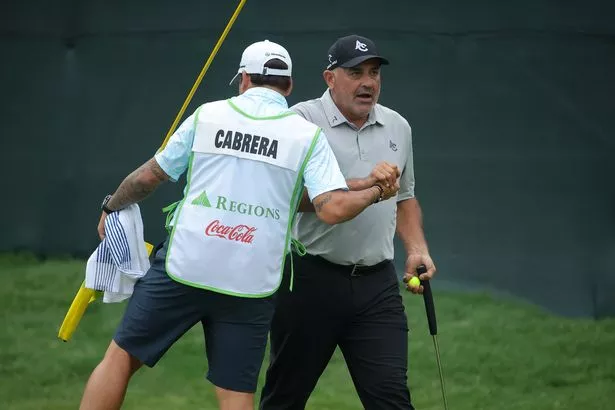 Angel Cabrera celebrates after finishing the final round of the Regions Tradition