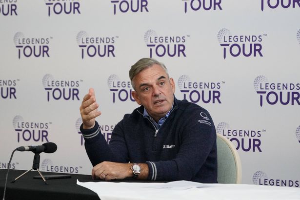 Paul McGinley fields questions during a media interview during the launch of the Legends Tour at Wentworth