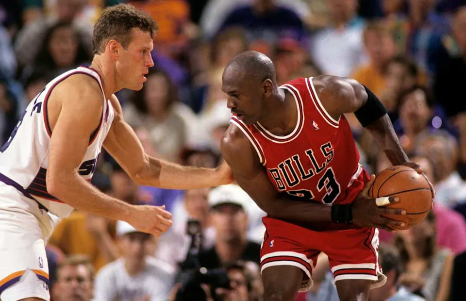 Suns guard Dan Majerle defends Bulls guard Michael Jordan during Game 1 of the NBA Finals in 1993 in Phoenix.© Michael Chow&sol;The Republic &sol; USA TODAY NETWORK via Imagn Images