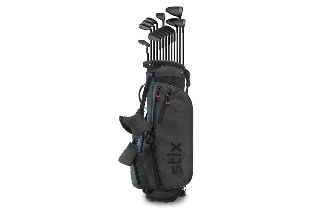 A black golf bag with 14 clubs inside 