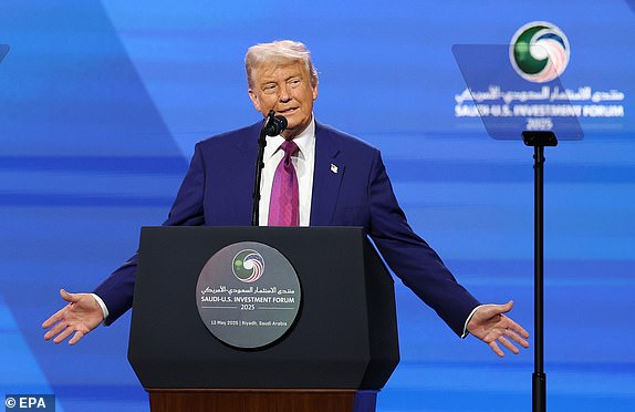 epa12096712 US President Donald Trump attends the Keynote Address at the Saudi-US Investment Forum in Riyadh, Saudi Arabia, 13 May 2025. The forum is taking place during the state visit of US President Trump to Saudi Arabia on 13 May.  EPA/ALI HAIDER