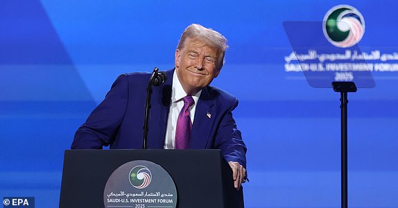 epa12096750 US President Donald Trump attends the Keynote Address at the Saudi-US Investment Forum in Riyadh, Saudi Arabia, 13 May 2025. The forum is taking place during the state visit of US President Trump to Saudi Arabia on 13 May.  EPA/ALI HAIDER