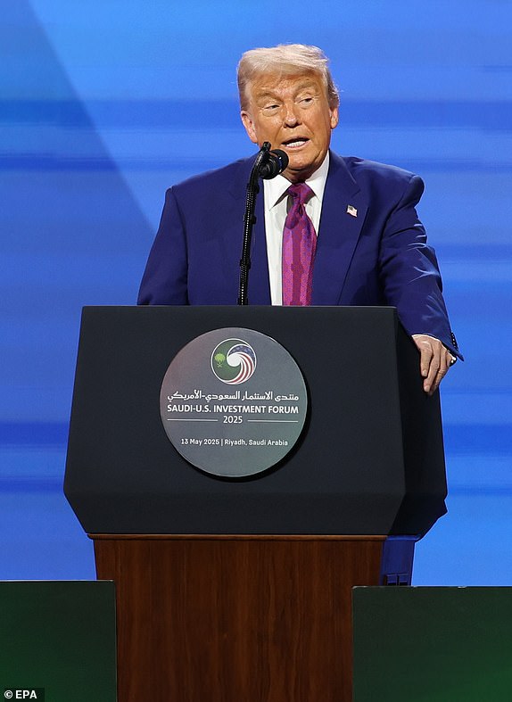 epa12096727 US President Donald Trump attends the Keynote Address at the Saudi-US Investment Forum in Riyadh, Saudi Arabia, 13 May 2025. The forum is taking place during the state visit of US President Trump to Saudi Arabia on 13 May.  EPA/ALI HAIDER
