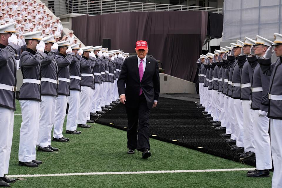 Trump arrives to deliver his commencement speech at West Point. The president discussed his efforts to end DEI programs and his crackdown on immigration (AP)