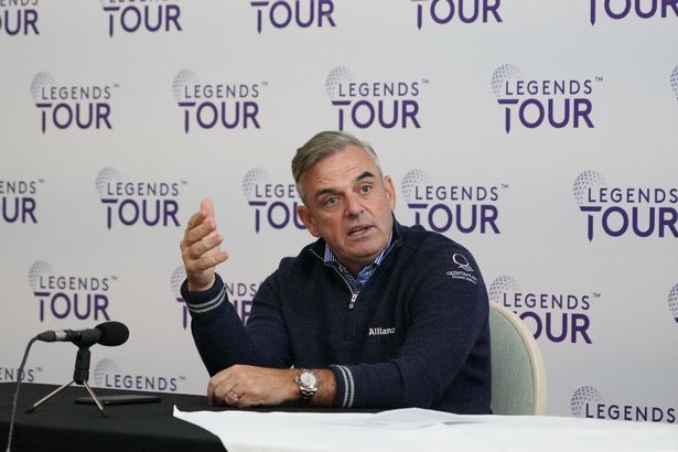 Paul McGinley fields questions during a media interview during the launch of the Legends Tour at Wentworth
