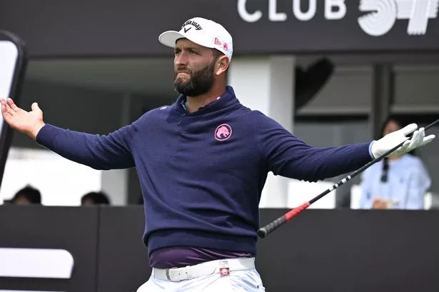 Spain's Jon Rahm of Legion XIII reacts after a shot at the 10th tee during the first round of the LIV Golf Korea at Jack Nicklaus Golf Club in Incheon