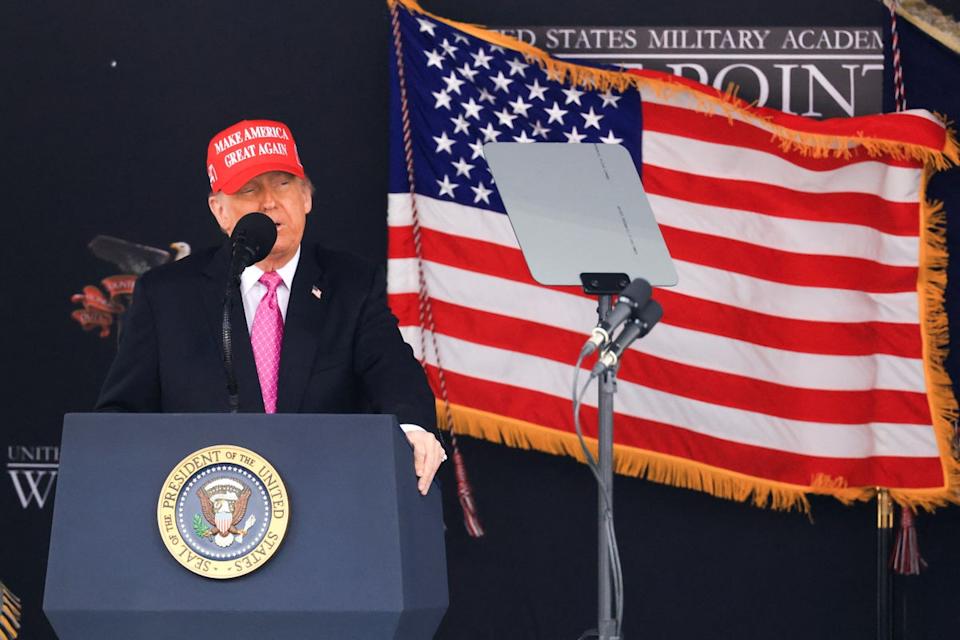 Trump reads from his autocue at West Point. He diverted from his prepared remarks on several occasions (AFP via Getty Images)