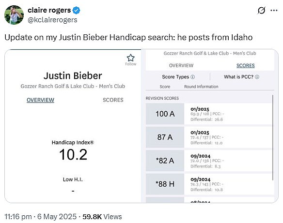 The 31-year-old popstar Bieber is believed to have a handicap index of 10.2