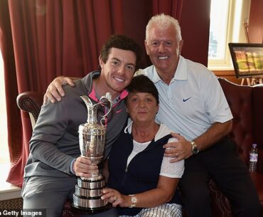 Rory McIlroy (left, pictured in 2014) has opened up on the emotional moment he saw his mum Rosie (centre) and dad Gerry (right) for the first time since his Masters victory