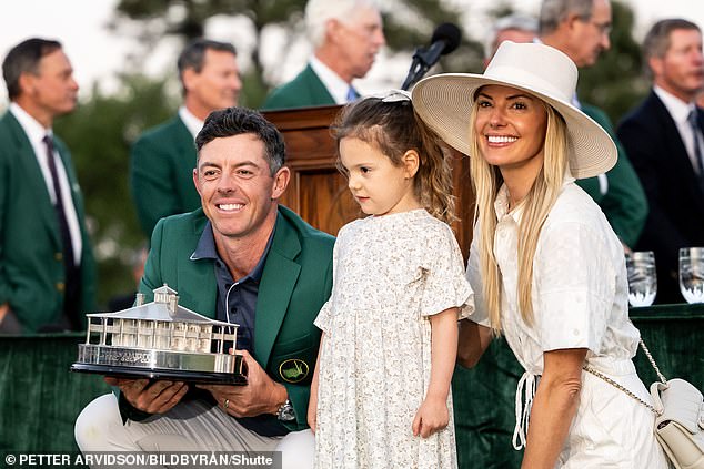 The world No 2 (pictured with daughter poppy, centre, and wife Erica, right) returns this week to compete in the Truist Championship ahead of the PGA Championship next week