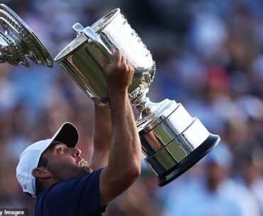 The lid of the Wanamaker Trophy fell off during Scottie Scheffler's celebrations on Sunday