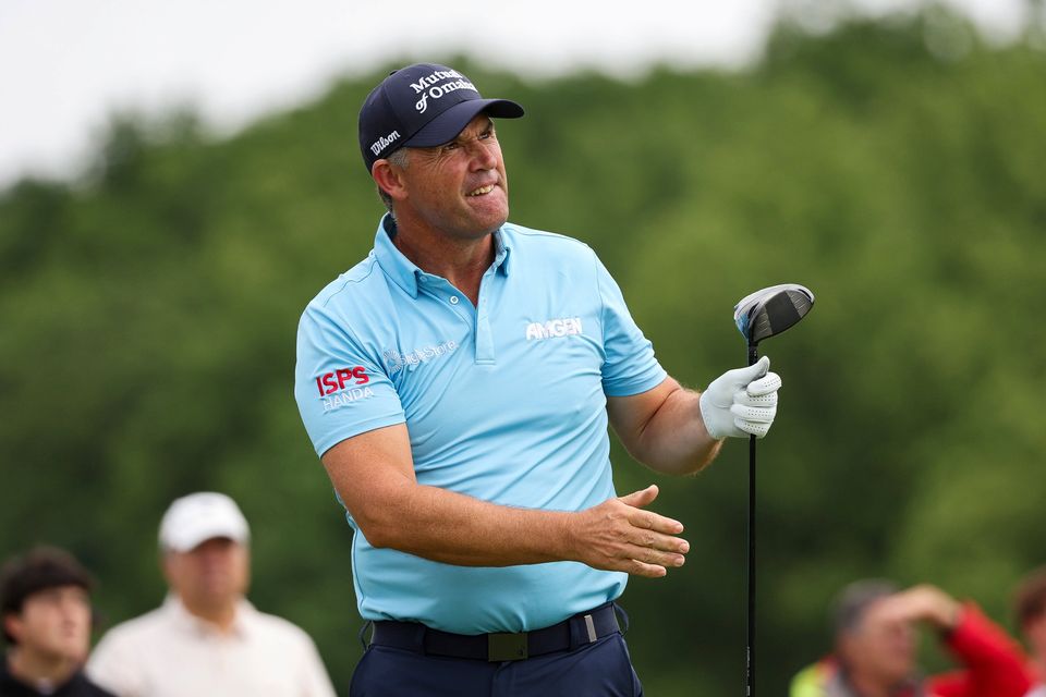 Pádraig Harrington watches his tee-shot on the 16th hole during the first round of the Senior PGA Championship. Photo by Mike Mulholland/Getty Images