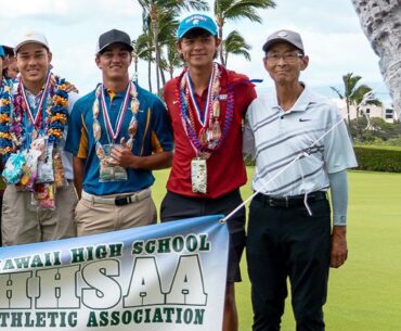 Seabury Hall senior Tyler Loree, middle in red, posed next to David Ishii, right, and other top finishers at the David Ishii/HHSAA boys golf championships at the Mauna Lani North Course on Friday.