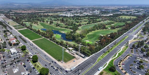 Oak Creek Golf Club looking east from the intersection of in Jeffrey Road and Irvine Center Drive in Irvine, CA, on Wednesday, May 7, 2025. The Irvine Company is seeking permission from the city to build 1,500 single-family homes on the golf course. The plan would include 1,600 apartments on neighboring land previously slated for office buildings and include a new school paid for by the developer. (Photo by Jeff Gritchen, Orange County Register/SCNG)