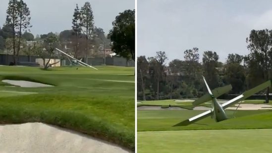 A private plane crash-landed at a golf course in Los Angeles, US. (X/@RogerSteeleJr)