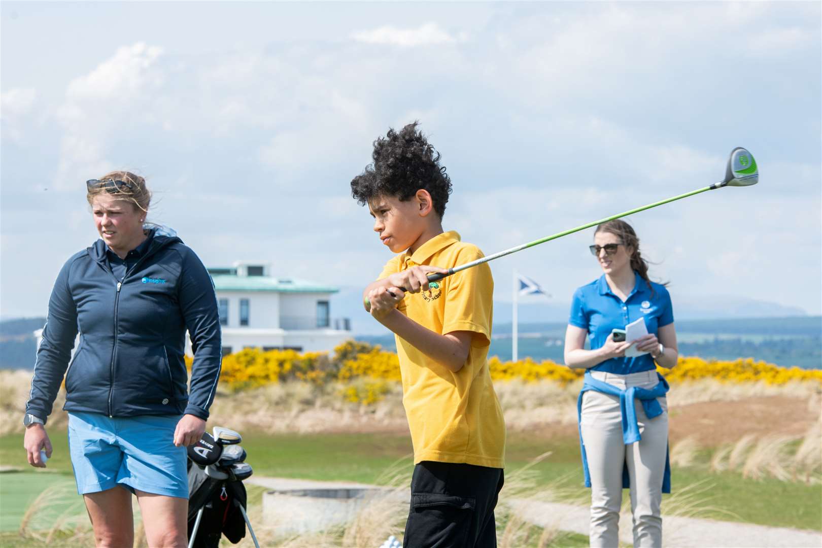 Balloch Primary School pupil drives at the Primary School's Golf Skills Challenge day at Castle Stuart Golf Course. Picture: Daniel Forsyth.