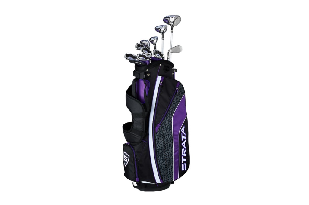 Purple golf bag with silver clubs inside