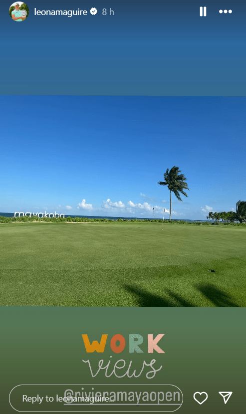 Ocean view from a golf course; text overlay reads "WORK views".