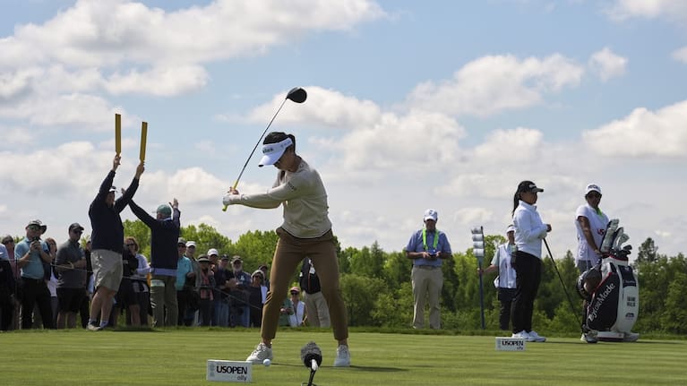 Lydia Ko, of New Zealand, hits from the third tee during the first round of the US Women's Open golf tournament at Erin Hills.
