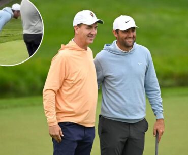 Scottie Scheffler couldn't contain himself after Peyton Manning's tee shot struck house