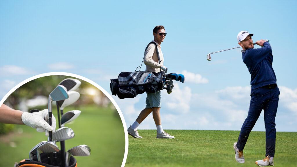 Barry Plummer hitting an iron shot from the fairway, watched by a playing partner carrying a golf bag, with an inset image of a golfers gloved hand selecting a club to use