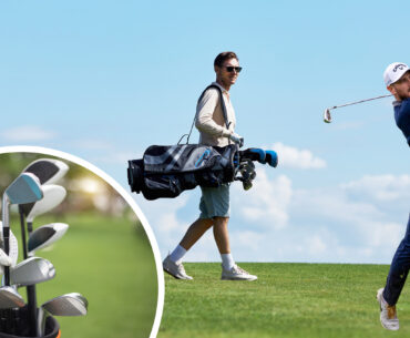 Barry Plummer hitting an iron shot from the fairway, watched by a playing partner carrying a golf bag, with an inset image of a golfers gloved hand selecting a club to use